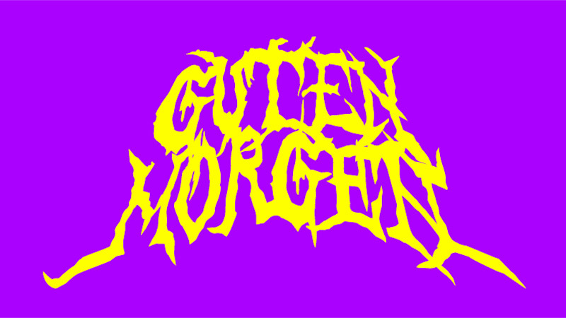 yellow font on a purple background saying "Guten Morgen"